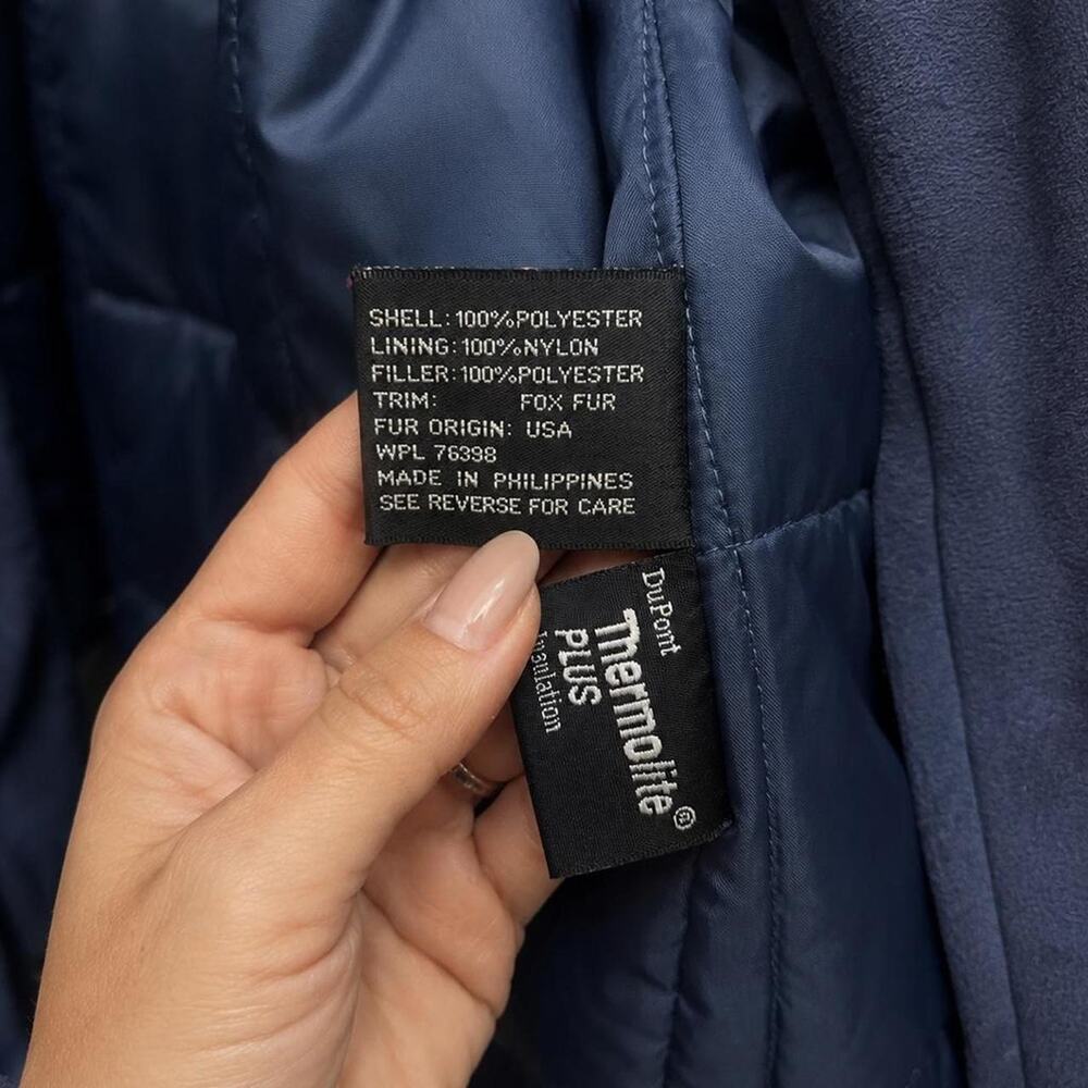 Bromley Sport Navy Fox Fur Trim Hood Thermolite Winter Coat – Women's Large - Picture 5 of 5